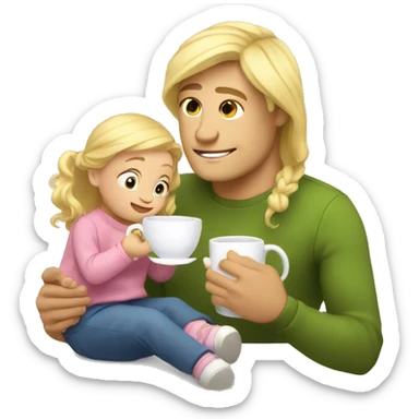 blonde dad drinks tea with his babydaughter sticker