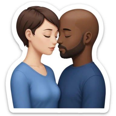 a white woman with short brown hair and a black man with no hair and a beard are facing one each other and their forehead are touching. They close their eyes and their are in love sticker