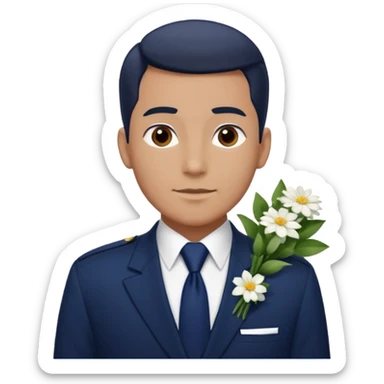 Homme avec bouquet fleurs blanches, avec uniforme bleu foncé cravate rouge, arabe raie sur le côté sans chapeau juste insigne sans bouton manchette et un peu bronzé sticker