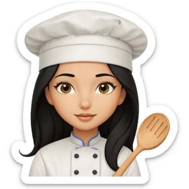 Create a cute girl, black hair, Middle Eastern with lashes  chef🧑‍🍳 emoji, barbie vibes tan skin black long hair with long lashes  sticker