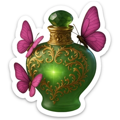 Enhance and beautify the green bottle with golden details and bright pink butterflies in matte glass style. Make the bottom of the bottle rounder and less sharp while maintaining elegance and intricate details. sticker