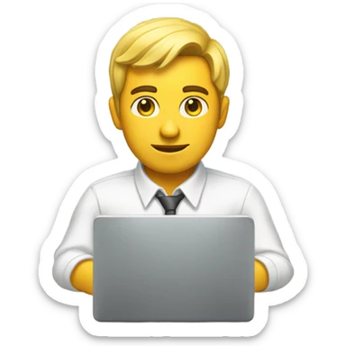 yellow skin man typing on keyboard wearing white button down shirt seating on desk front view sticker