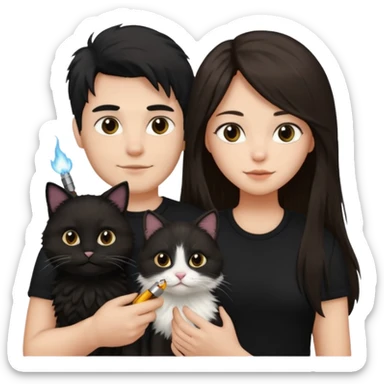 The man is wearing a black shirt and the women is wearing a black top and has longer hair. The cats fur  is lighter  sticker