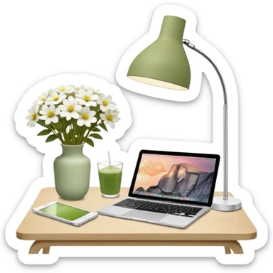 realistic macbook computer, fashion/interior magazines, flowers in a little vase, louis poulsen portable lamp with a dimmed cozy light and a iced matcha. very scandinavian aesthetic sticker