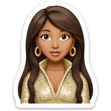 Towanda Braxton with long dark brown hair, cream sequin outfit sticker