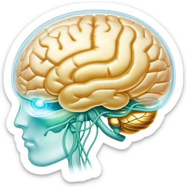 Pearlescent capsule floating between a translucent glowing brain and a translucent liver. Golden waves of connection emanate from the brain, representing improved memory, clarity and neural communication. The entire scene has an ethereal glow showing the beneficial properties of choline. sticker