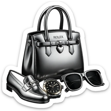 Make the shoes and the bag white and black chrome, keep the watch black and gold chrome, and the glasses black and gold chrome. All items should be in 3D chrome style, highly reflective and metallic, no background. sticker
