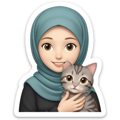 White girl wearing hijab smiling while holding a black grey tabby cat sticker