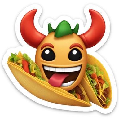 Tabel with feet and a happy face devil ears and a big mouth with a taco sticker