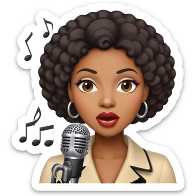 Black female jazz singer with a microphone, expressive face, musical notes sticker