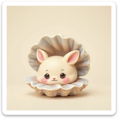 cute oyster, dreamy expression, cream color, pink cheeks, doe eyes, greige shell, photorealistic style sticker