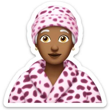 White Grandma with beanie with a robe on with pink cheetah print ￼ sticker