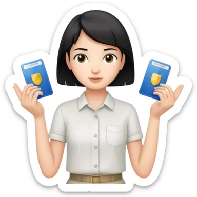 A young guide with short black hair and fair skin is wearing a white shirt, showcasing her license with both hands, which is horizontal. sticker