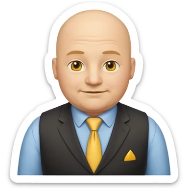 bald, fat European boss emoji with gentle smile, yellow tie, and vest sticker