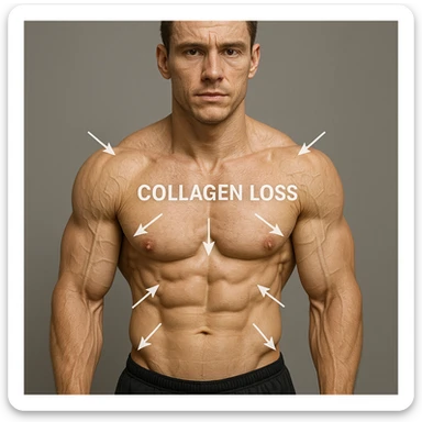young 25-year-old bodybuilder with low collagen levels, hyper realistic style, well visible muscles, skin with fine wrinkles, arrows showing collagen loss, neutral atmosphere sticker