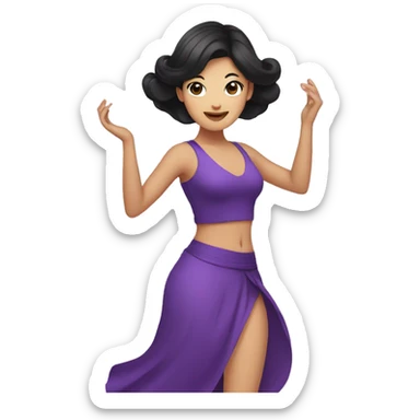illustrated logo, kawai woman, dancing, purple clothing, black hair, bright eyes sticker