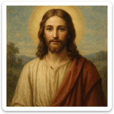 classic depiction of Jesus with gentle expression, halo, flowing robes, serene background sticker