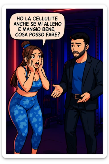 TRASFORMA QUESTO CAROSELLO IN UN FUMETTO STILE WEBTOON/MANGA A COLORI CON QUESTE DUE PERSONE IDENTICHE CHE INTERLOQUISCONO TRA LORO, LA DONNA è DISPERATA CON LE MANI SULLE GUANCE E STA DOMANDANDO TUTTA AGITATA UNA COSA ALL'UOMO:

LEI (DONNA): Ho la cellulite anche se mi alleno e mangio bene, cosa posso fare? sticker