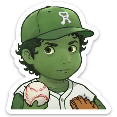 Brown skin boy black curly hair with a baseball  sticker