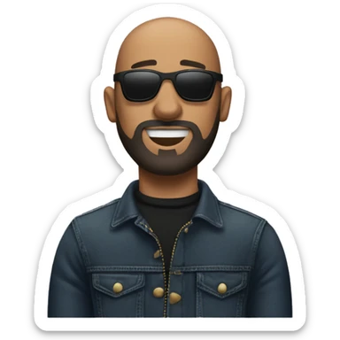 A bald man with sunglasses and a black turtleneck and jeans . light medium beard saying jackpot sticker