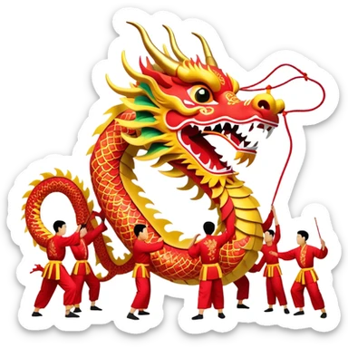 Cinematic Realistic scene of a traditional Chinese Dragon Dance featuring a team of performers skillfully manipulating a colossal, flexible dragon puppet, its intricately detailed, vibrant scales and flowing, embroidered fabric catching the light, set against a festive backdrop of red lanterns and dynamic red-tinged lighting that accentuates the majestic presence of the dragon puppet. sticker