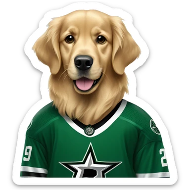 golden retriever in a dallas stars jersey sticker