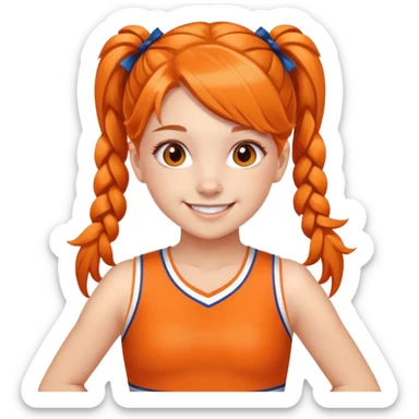 - Nữ
- 15 tuổi
- Da trắng
- Tóc bím 2 bên, bờm cam
- Mặt cười mỉm
- Áo cổ vũ
 sticker