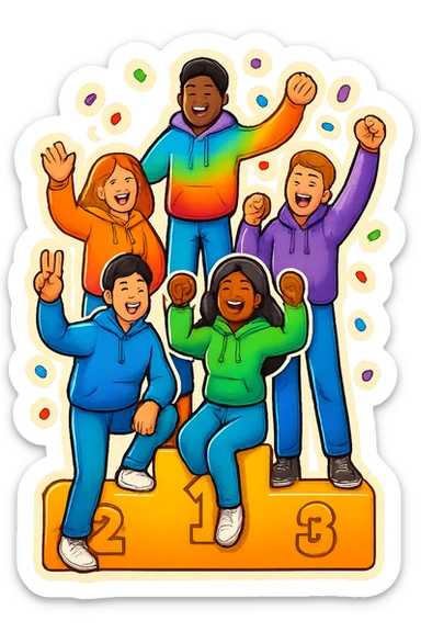 Change to a different pose and add confetti. Keep the group of five multi-racial people on a winners’ podium, no numbers, all in jeans and hoodies, excited, fun, expressive emoji style. sticker