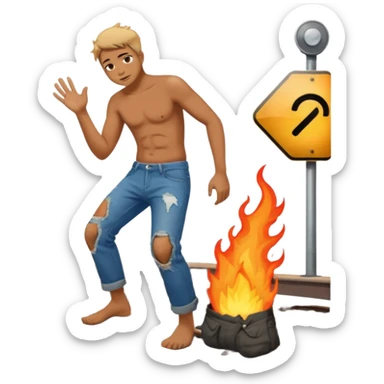 man rubbing butt which is on fire on railway sticker
