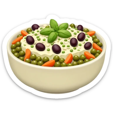Salată de boeuf: a Romanian festive salad made with finely chopped boiled vegetables, pickles, peas, and beef or chicken, all mixed with mayonnaise and decorated with olives and pickles. sticker