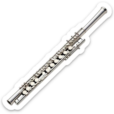 Cinematic Realistic Flute, polished silver metal with precise keywork, soft reflections of warm light dancing along its length, a musician’s delicate fingers pressing the keys, glowing with a sleek and elegant charm. sticker