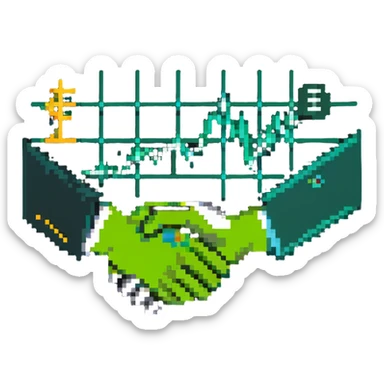 icon representing new economic politics with abstract symbols like currency, graphs, and handshake sticker