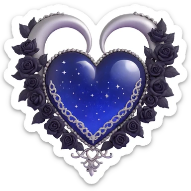 gothic heart made of midnight blue glass with a silver crescent moon, tiny black roses, shimmering stardust, with a lace trim border sticker