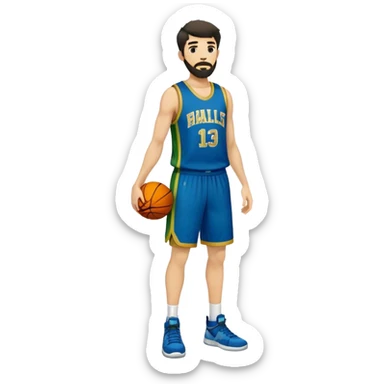 Full Body  white male basketball player with short shaggy dark hair and gold tee beard wearing blue and green uniform sticker