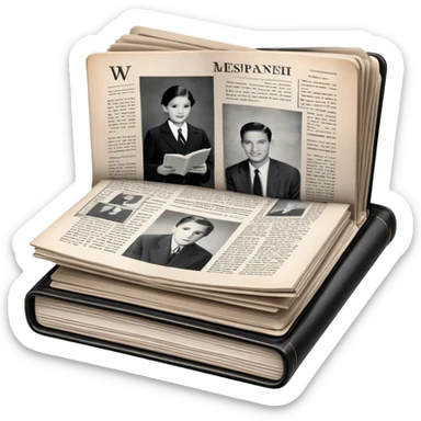 Icon for Non-Fiction & Narrative Reading: an open book with black-and-white photos on the pages, surrounded by a pile of newspaper clippings, and an open folder with top-secret documents. The icon should reflect the blend of real stories and facts in non-fiction literature. Transparent background. sticker