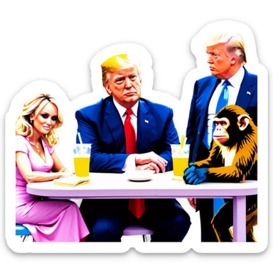 Stormy Daniels, a Monkey, a donkey, and Trump sit around a table sticker