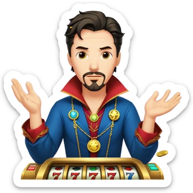disheveled Doctor Strange losing money at a slot machine, panicked face, coins flying sticker