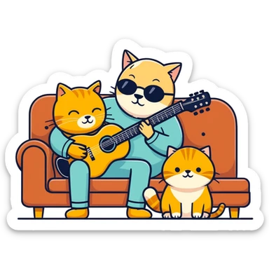  old blind man playing guitar  on the couch with his golden cat  sticker
