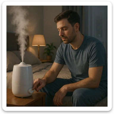 realistic illustration of a man adjusting the humidity in a bedroom with a humidifier to sleep better, showing the man near the bed setting or turning on the humidifier, calm and restful atmosphere sticker