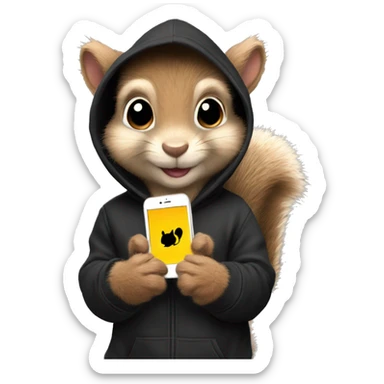 Cute realistic fluffy Squirrel with fluffy ears in black hoodie holding an iPhone  sticker