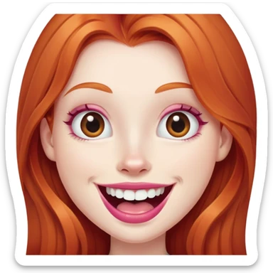 Young girl with pale skin, longer face, full pink lips smiling with big teeth, very long ginger red hair, big brown eyes, bigger nose, big mouth sticker
