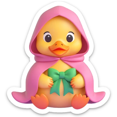 cute duckling wearing a pink hooded cape with a green bow, sitting in a gentle hand, surrounded by soft hearts, soft pastel colors, rounded shapes, subtle 3D shading, modern friendly look, iOS style sticker