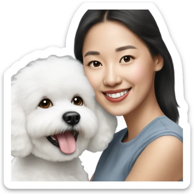 A cute and happy bichon frise with an Asian woman  sticker