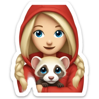 Ferret in hands of a blond girl with blue eyes in red hoodie  sticker