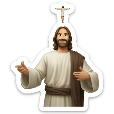 man with his fingers pointing towards the sky and with jesus above him sticker