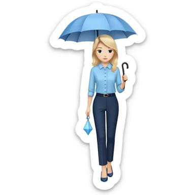 female smart light blue blouse, dark trousers, shoes. one hand holding an umbrella sticker