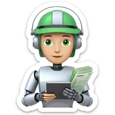 human like robot bookkeeper wearing an Green  dealer's visor  and holding spreadsheets sticker