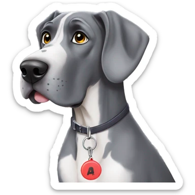 Grey Great Dane with name tag that says “piper” sticker