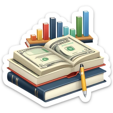 Icon for Business Reading: an open book with graphs, numbers, percentages, formulas, and text on the pages, next to a stack of books, a pile of dollars, a calculator, a pen, and business magazines like Forbes. Transparent background. sticker