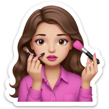 girl with long wavy brown hair, brown eyes, light to medium complexion, in a pink shirt, pink lips, long lashes, puckered lips, putting on makeup sticker